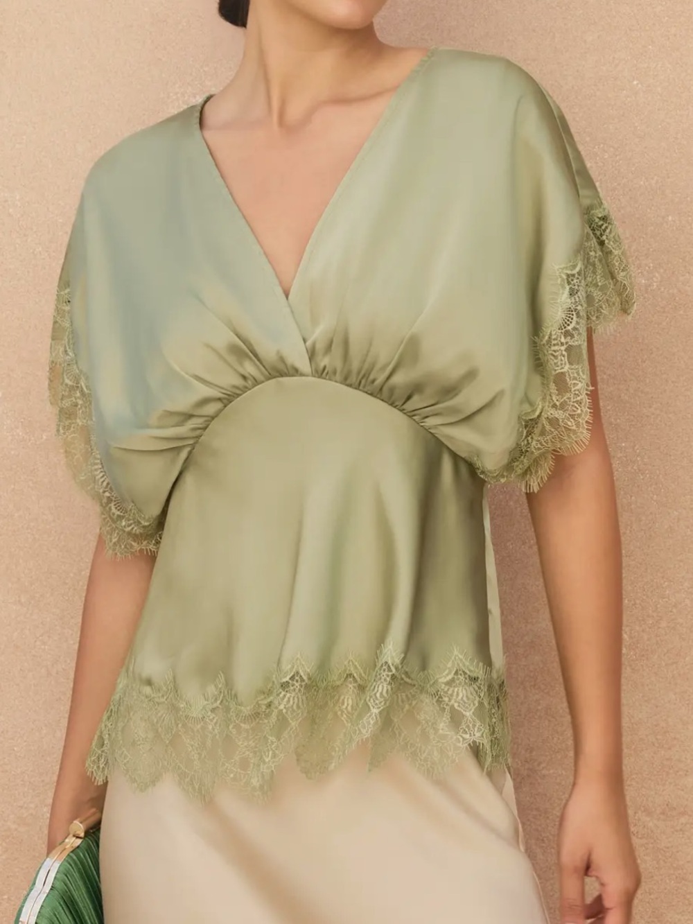 Silky Lace-Trim V-Neck Chemise Top in Green